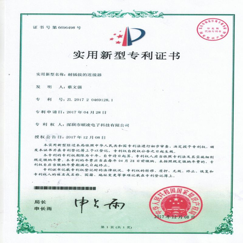 Certificate of patent for utility model