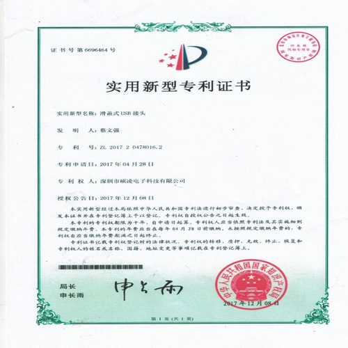 Certificate of patent for utility model