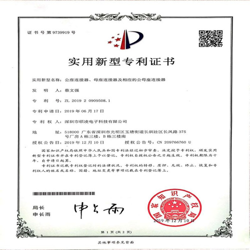 Certificate of patent for utility model