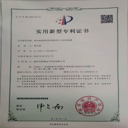 Certificate of patent for utility model