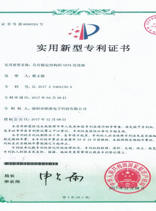 Certificate of patent for utility model