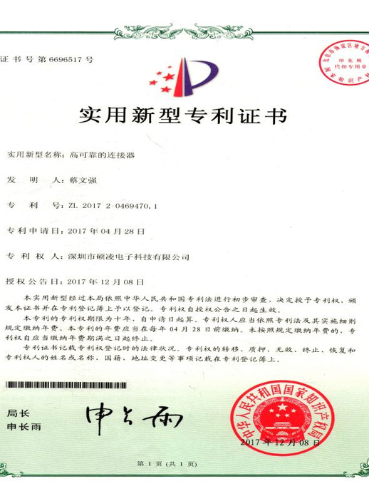 Certificate of patent for utility model