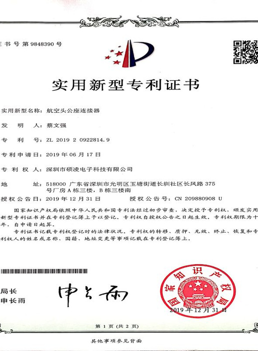 Certificate of patent for utility model