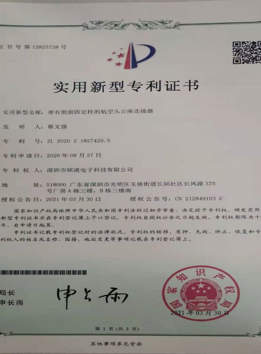 Certificate of patent for utility model